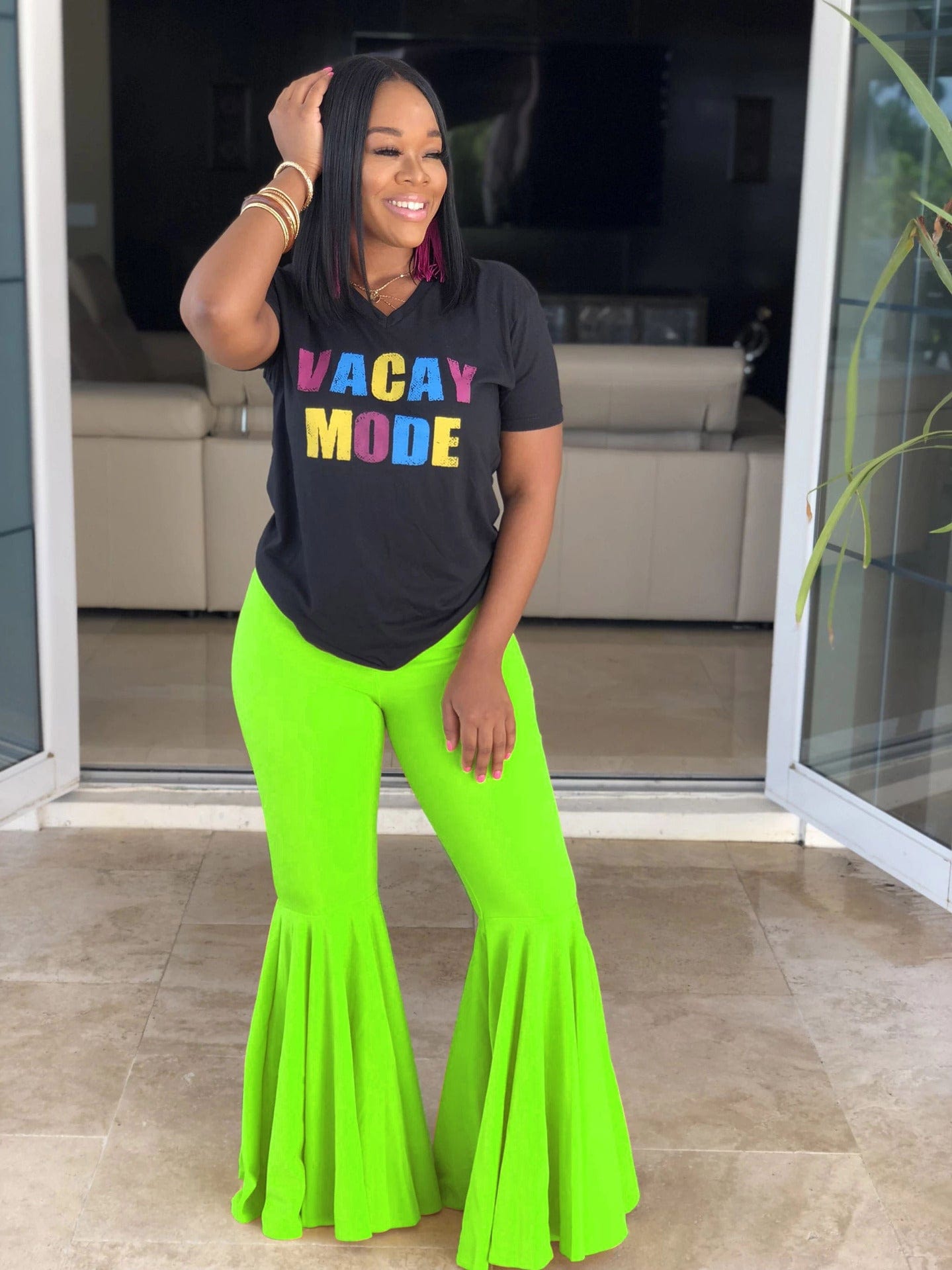 XL / Fluorescent green WN501256 Winter casual High Waist Solid Stretch flares pants Women's plus size Ruffle pants & trousers
