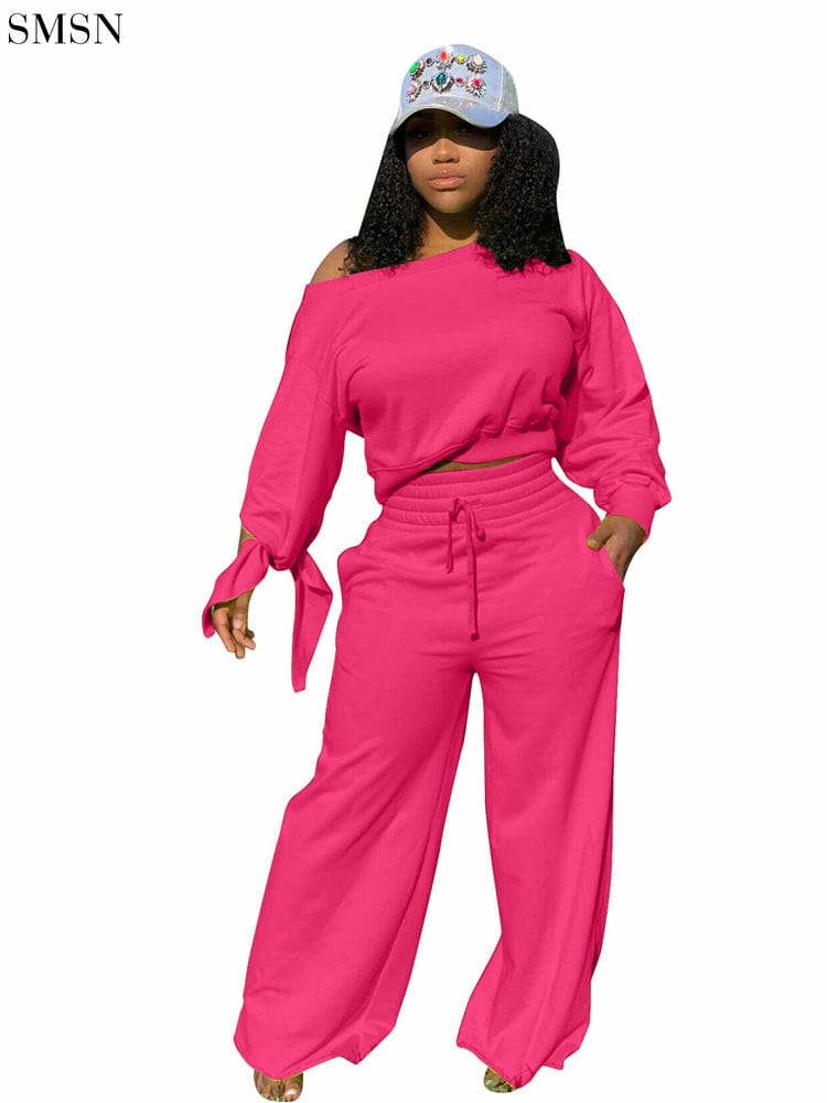 XL / Fuchsia High Quality Solid Color Long Sleeve And Fleece Loose Trouser Suit Two Piece Pants Set Women