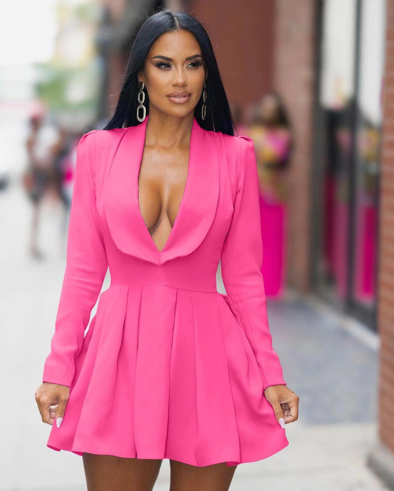 XL / Fuchsia J&H 2023 new arrivals sexy deep v neck pleat mini dress ladies long sleeve lovely fall dress y2k clothing