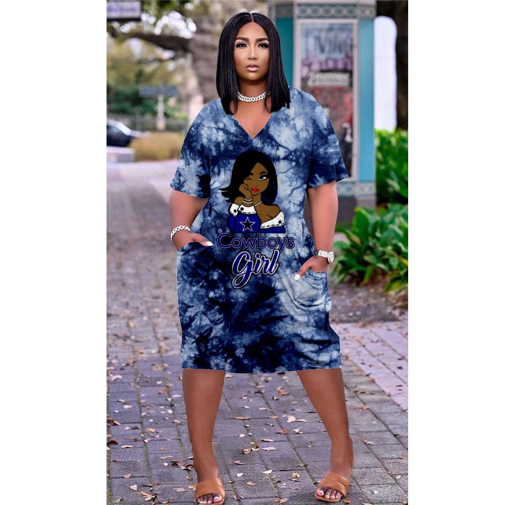XL / Gray Blue Z100217 Plus size summer dress with Pocket short Sleeves Print V Neck Straight loose Dresses