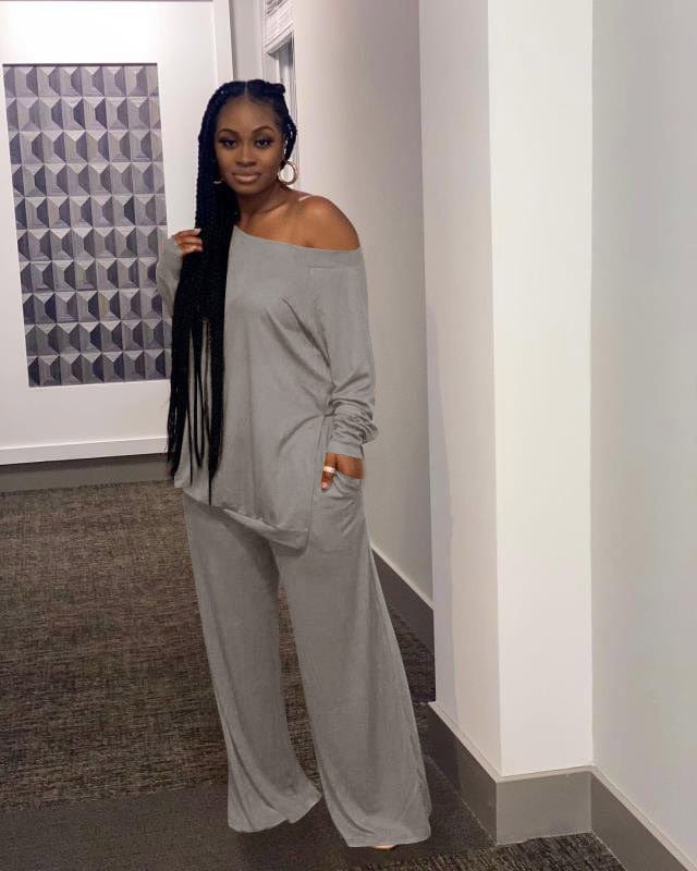 XL / Gray CMM-756 Plus Size Women'S Solid Color Casual Split Blouse Wide Leg Pants Casual Wide-Leg Pants Two-Piece Suit