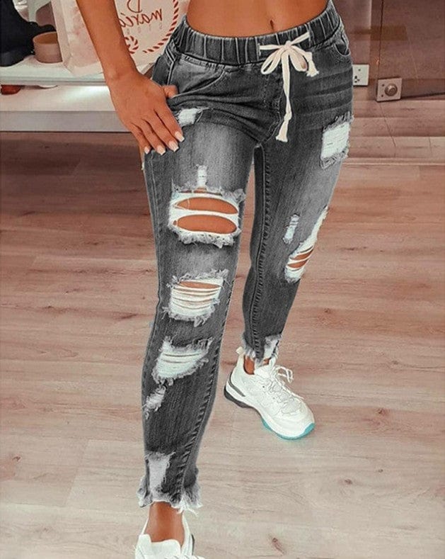 XL / Gray Drop Ship Plus Size Fashion Designer Baggy Female Blue Distressed Ripped Jeans Trouser High Quality Jean For Women