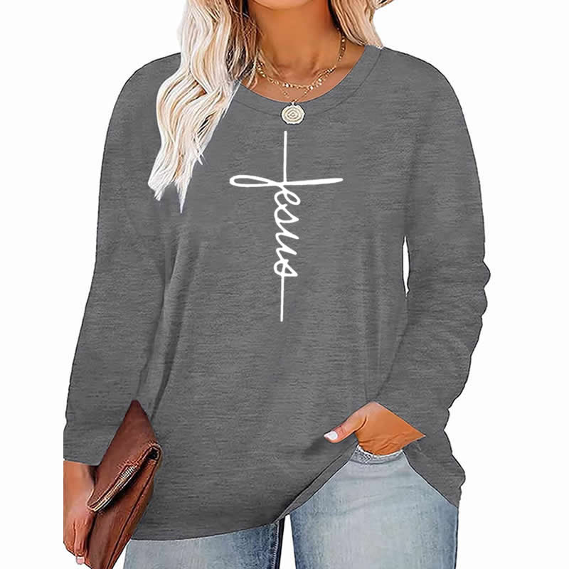 XL / Gray faith pattern Plus Size Women's Top Autumn X-Large-5X-Large woman clothes y2k t shirt oversized long sleeve tshirt