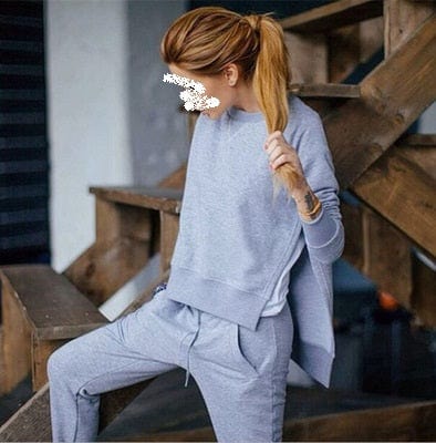 XL / Gray long pant suits western two piece set women irregular split hedging sweater sets women's cropped clothing vestidos