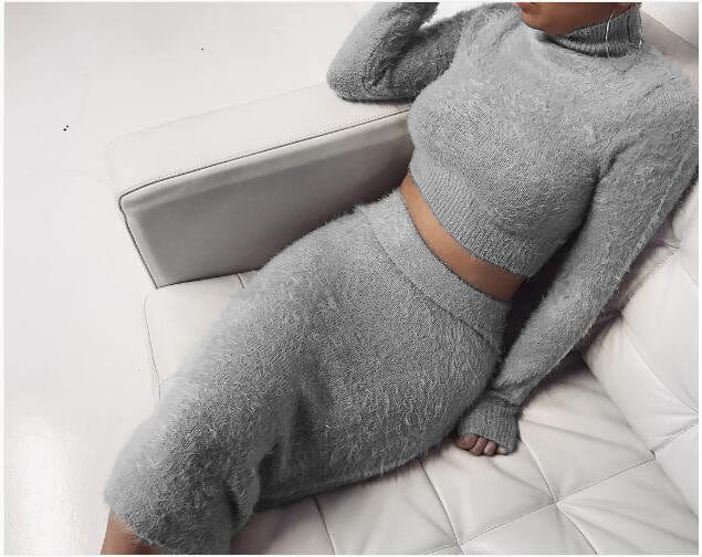 XL / Gray winter Pure color turtleneck long sleeve plush crop top female two piece sweater skirt for women