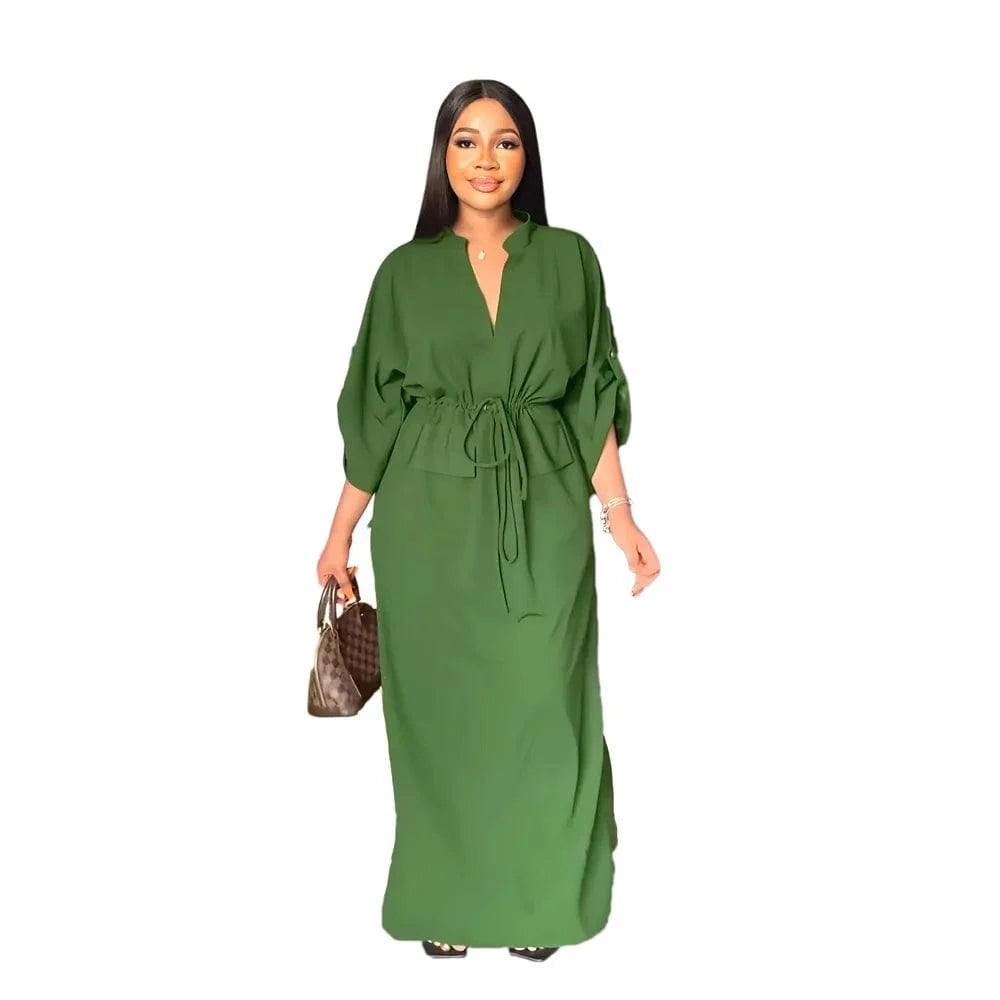 XL / green 2023 Women Clothing Loose Waist Tucked Casual Tooling Skirt Side Slit Summer Short-sleeved V-neck Loose Women Dress