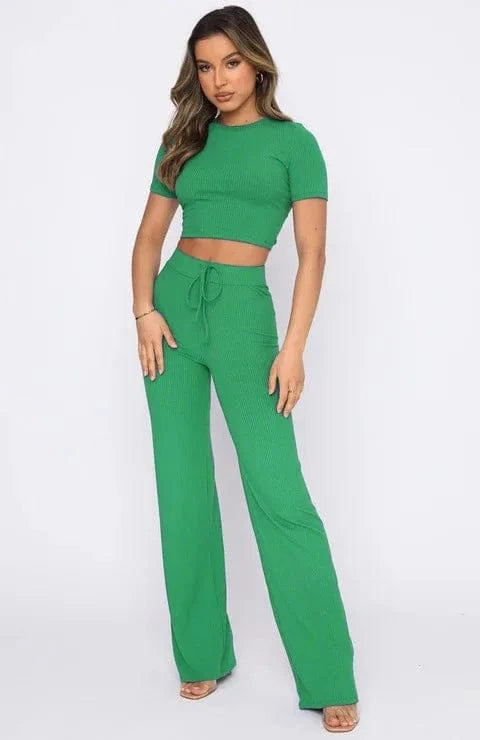 XL / green Custom logo Rib knitted Solid color elastic Crop top t shirt and pant two piece set for women clothing