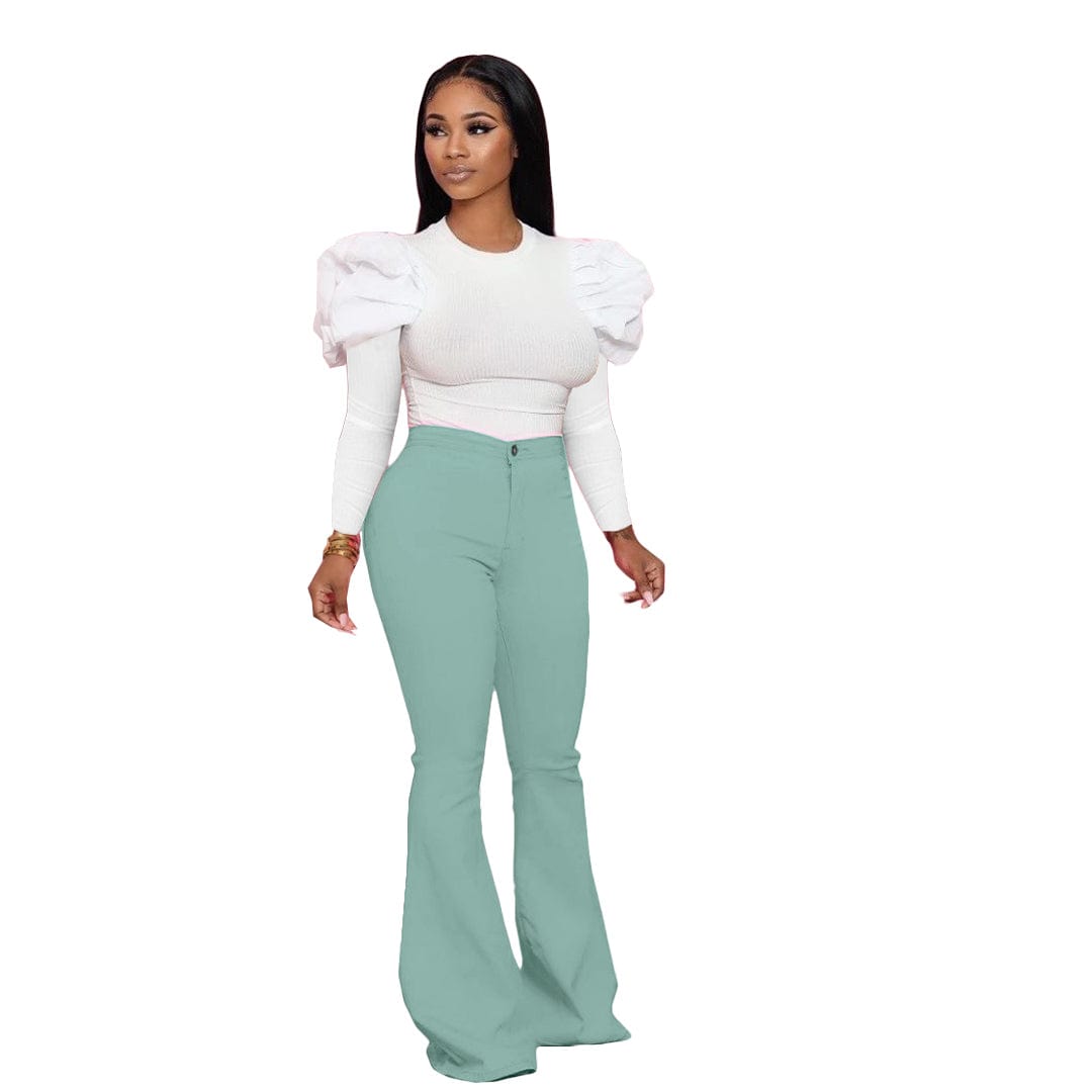 XL / Green KSN8018 Casual Woven Women Trousers Bell Bottom Pants Long Pants Tight Zipper Wide Leg Women Solid Color Boot Cut Plain Dyed MID
