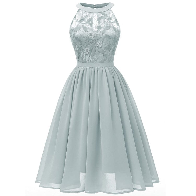XL / green New Style Summer Sleeveless Lace Embroidery woman Dress Halter Neck Dress Knee-length Ruched Bridesmaid Dresses With Zipper