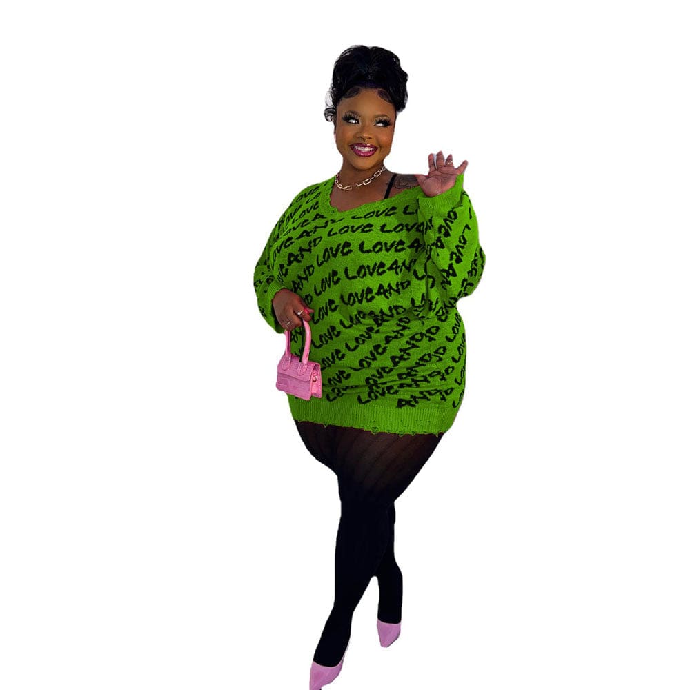 XL / green Plus Size Sweaters For Women 5xl Women Clothing 2022 Autumn Winter Fashion Knit Tops Letter V Neck Oversized Pullover Sweater