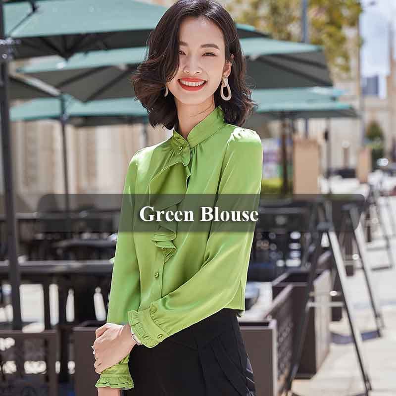 XL / green Wholesaler fashion Ruffles shirt women Stand Collar long sleeve blouse office ladies formal Loose plus size tops