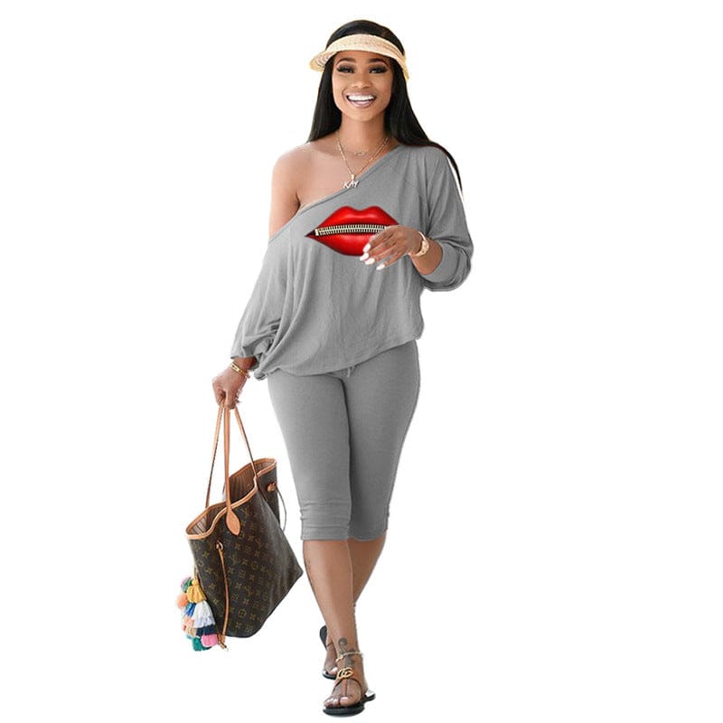 XL / Grey Z60033 Fall Casual Print Long sleeve two piece set Oblique Collar Plus size outfits for women sets two piece