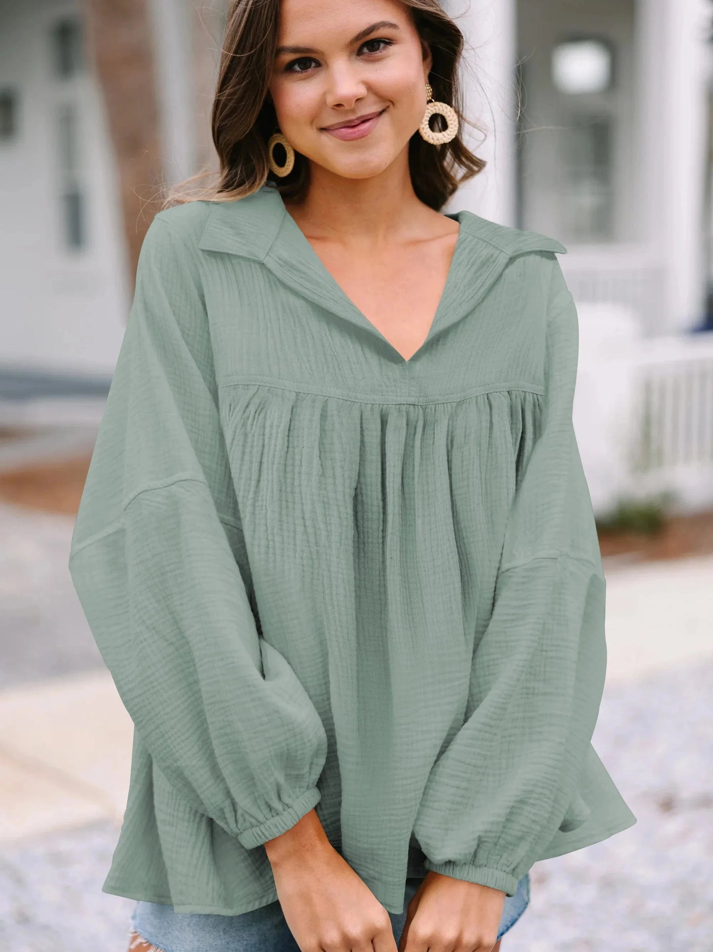 XL / GSCI004 Casual V Neck Soft Rayon Tops 2023 Fashion Solid Shirt Autumn Women Clothing
