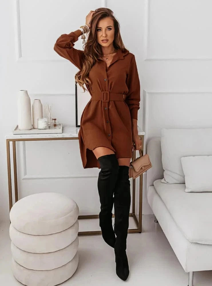 XL / Khaki Autumn Winter Fashion Slim Green Dress Woman Casual Turn-down Collar Single Breasted Belted Mini Dresses For Women vestidos