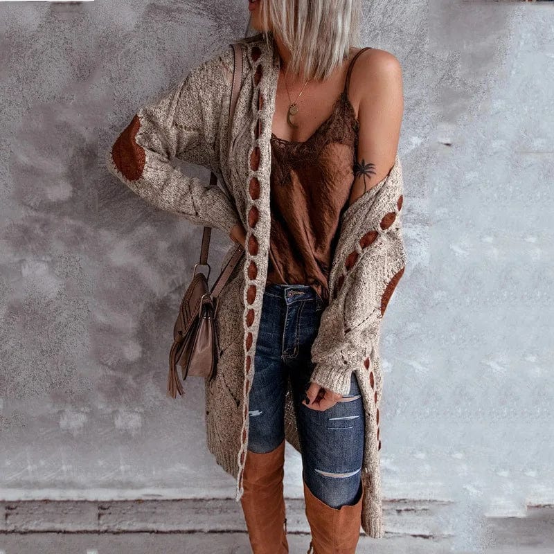 XL / Khaki New Streetwear Patchwork Hooded Sweaters Colorblock Knitwear Long Sleeve Cardigan Women Sweater Jacket Plus Size 5xl