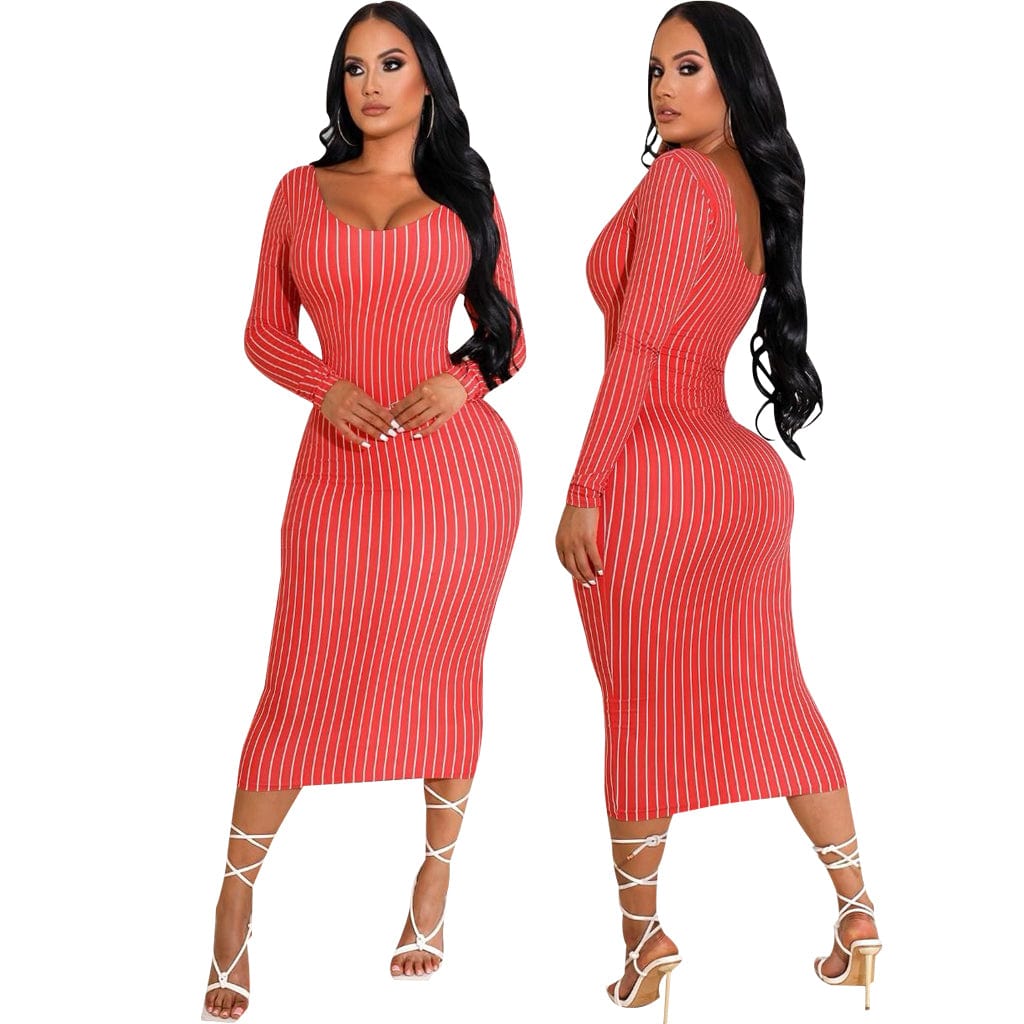 XL / L36935-3 Sexy Stayfree Maxi Dress Fashion Striped Print Women's Midi Dresses