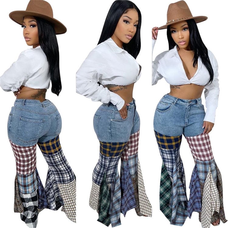 XL / Light Blue Denim Pants For Women 2023 Patchwork Low Waist Flares Pants Casual Fashion Plaid Print Baggy Pants