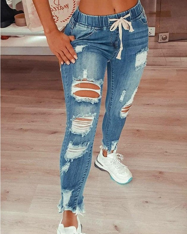 XL / Light Blue Drop Ship Plus Size Fashion Designer Baggy Female Blue Distressed Ripped Jeans Trouser High Quality Jean For Women