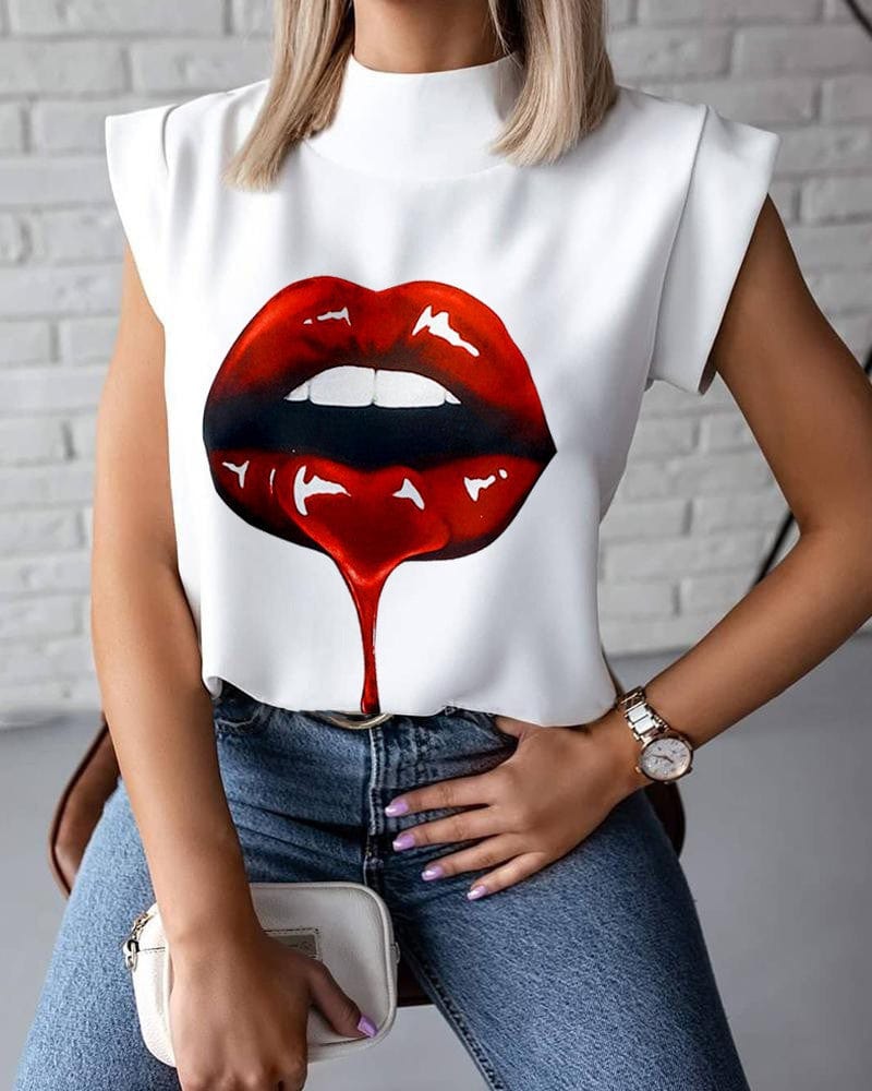 XL / Lip Summer Large Size Shirt Short Sleeve Printed Lip Women Casual Blouse