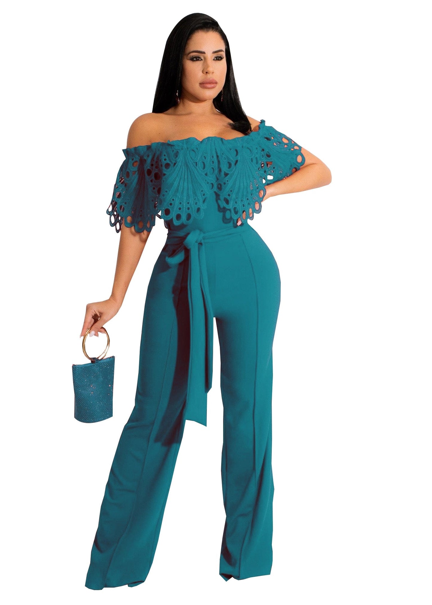 XL / MINT Trendy Women Clothes Women Slim Ruffle Off Shoulder Short Sleeve Solid Long Pants Jumpsuit with Belt Beauty Forever