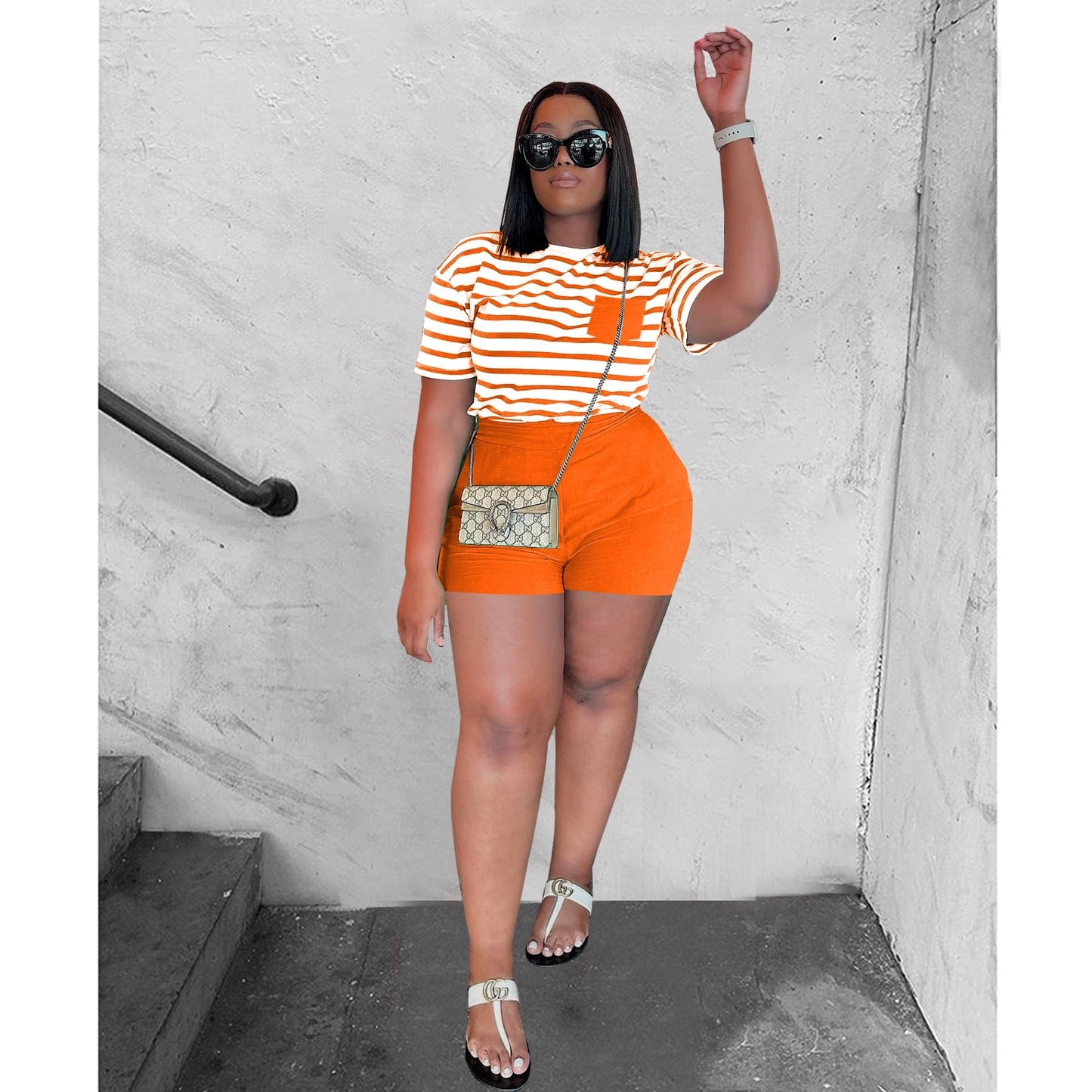 XL / MY23ST065 Orange Cutenova MY23ST065 2023 New Striped Casual 2 Piece Set Women Plus Size Women's Shorts Sets