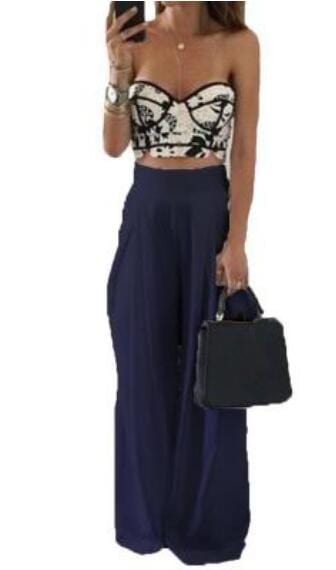 XL / NAVY Ladies Casual Wide Leg Harem Pants With Pockets - Designer Summer Wear Chiffon Crepe Trousers For Women A319