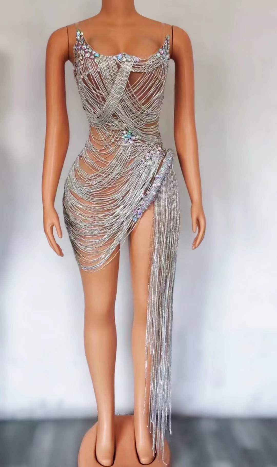 XL / nude 2022 Hot Style Summer Sexy Sleeveless Slip Dress Performance Wear Shiny Crystal Dress Women Rhinestone Tassel Mini Dress
