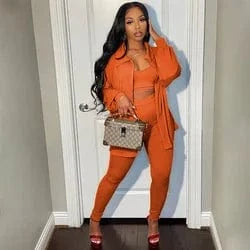XL / Orange Clothing High Quality Women Fall Knit Set Tank Top Jacket and Pants Solid Rib 3 Piece Set Women