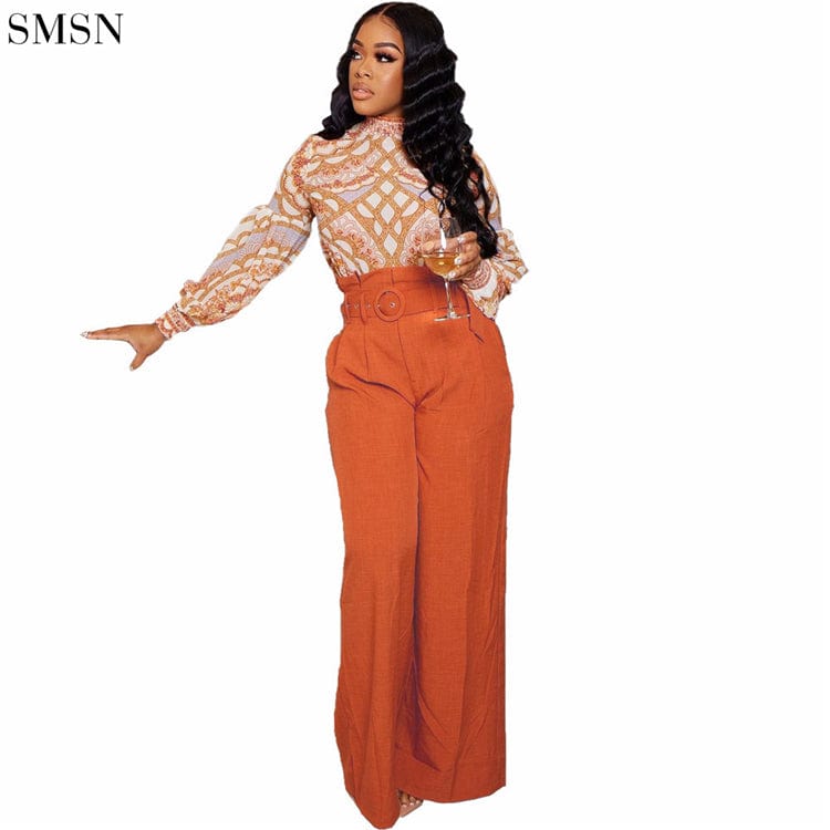 XL / Orange Hot Selling Solid Color Belt Wide Leg Casual Temperament Trousers Long Pants Women Autumn Ladies Long Pant