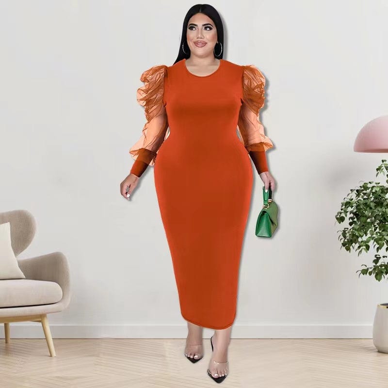 XL / Orange J&H 2023 new arrivals 5XL plus size office dress mesh sleeve design elegance bodycon dress fall fashion casual dresses