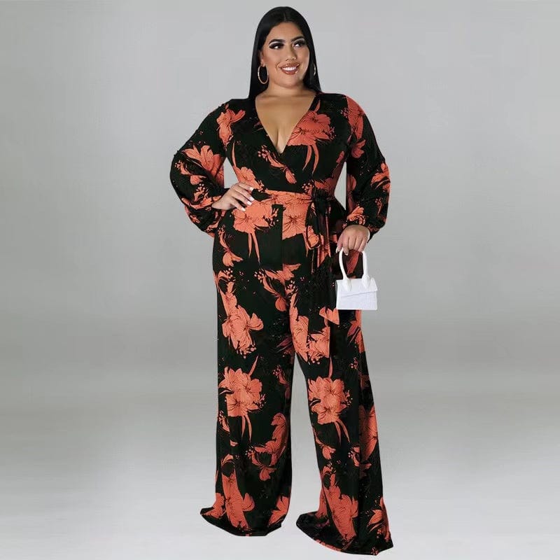XL / Orange J&H 2023 new arrivals plus size fall women clothes sexy v neck palazzo pants suits chic floral print wide leg jumpsuits casual