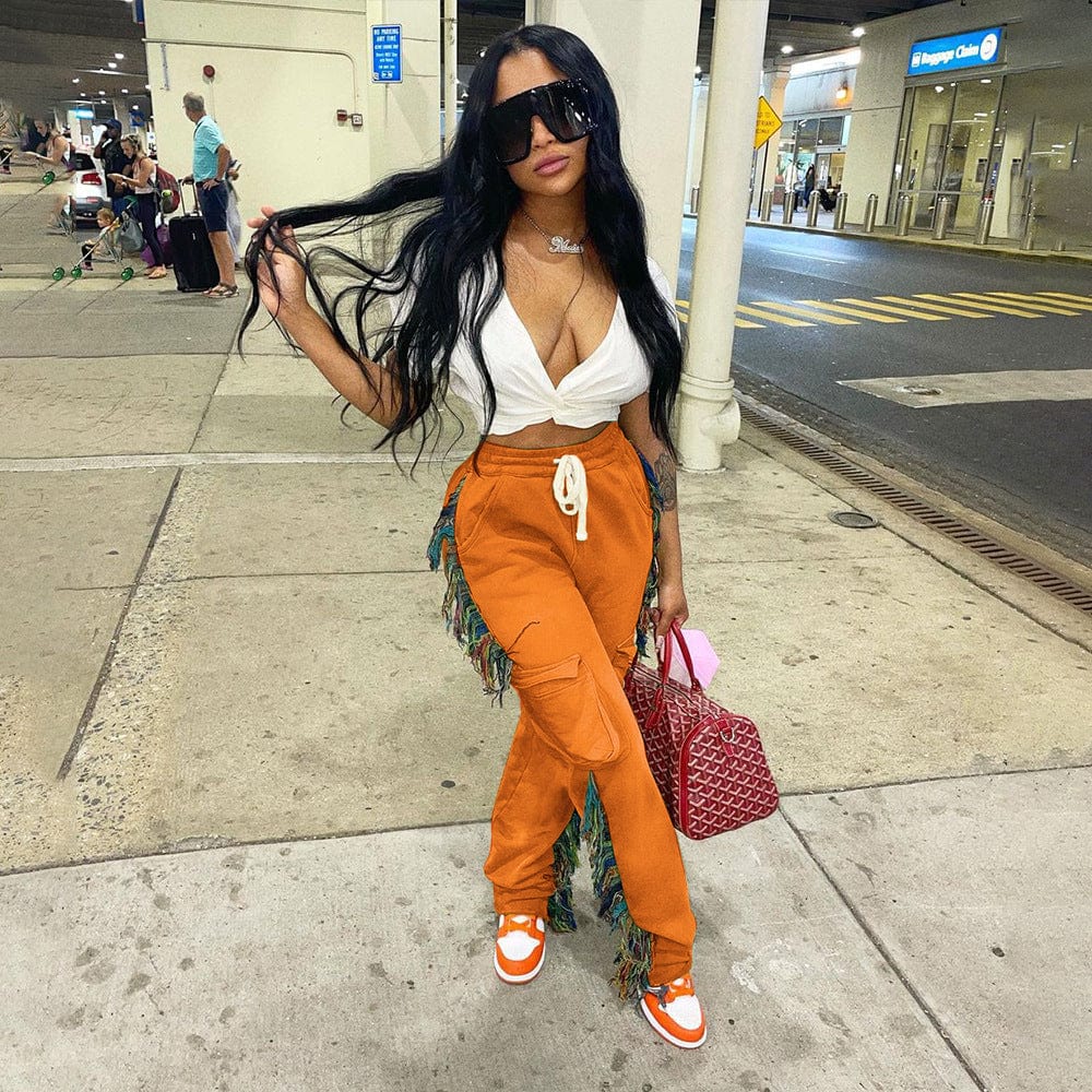 XL / Orange OUDINA Fashion Clothing Solid Color Pant Casual Fringed Trousers Tassel Jogger Women Sweat Pants