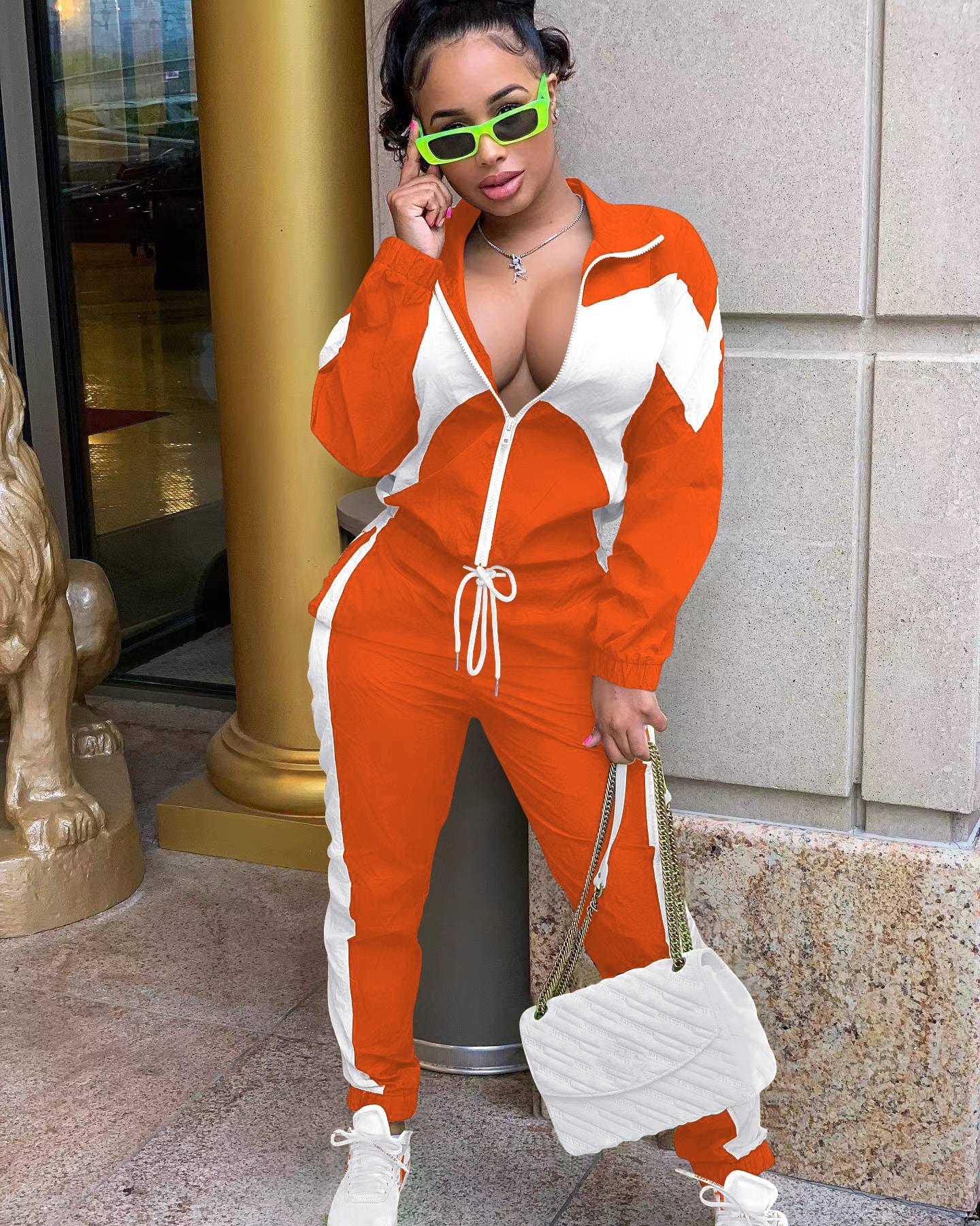 XL / Orange Sharee spring 2023 women s clothing Contrast Color female sweatsuits ladies track suit 2 piece set