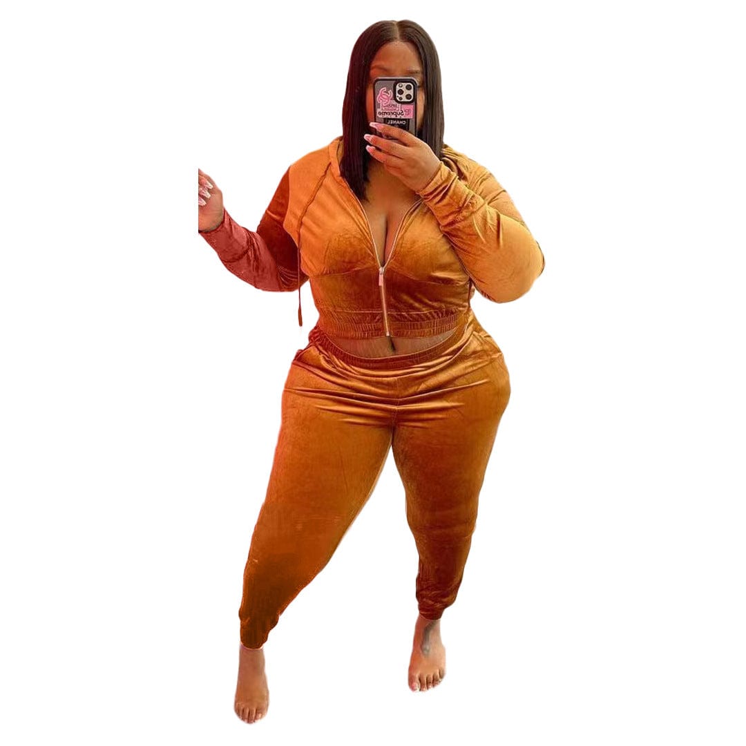 XL / Orange Women Outfits Plus Size Women's 2 Piece Velour Hoodie Tracksuit Set