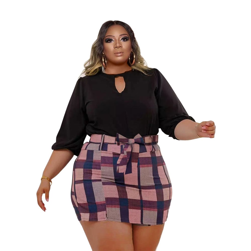 XL / P287232-7 Hot Selling Soft Fabric Plus Size Long Sleeve Top + Plaid Mini Culottes Two Piece Sets