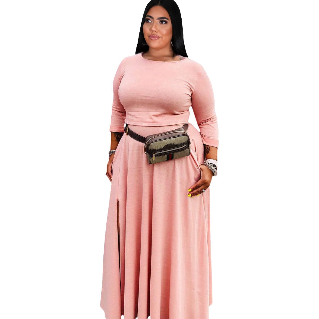 XL / Pink 2 Piece Sets Women Plus Size Fashion Casual Solid Basic O Neck Plus Size Two Pieces Skirts Set