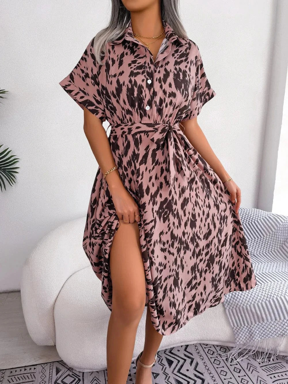 XL / Pink 2023 Summer European and American Casual loose Leopard print lace-up Waist shirt dress Women's clothing