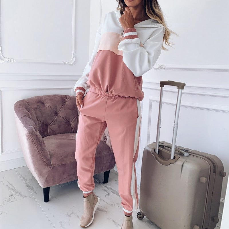 XL / Pink blocking color ladies sweatsuit hoodies set plus size women clothing two piece pants set Ecowalson