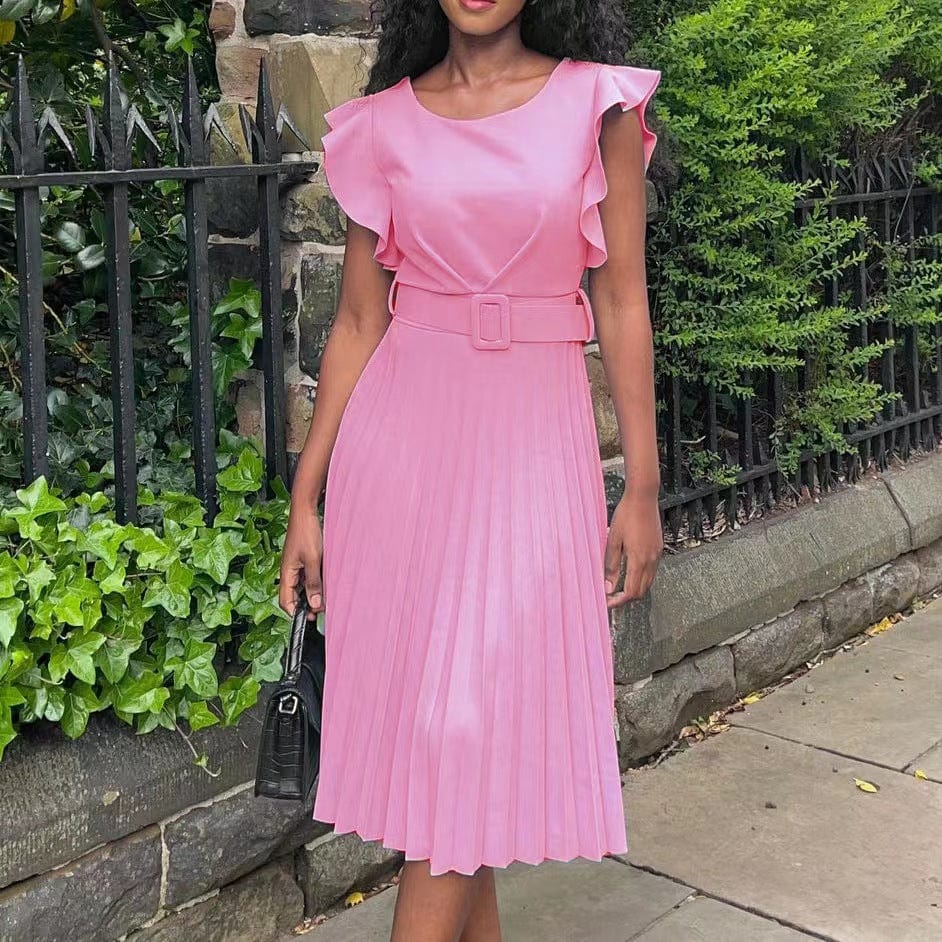 XL / Pink J&H new arrivals 2023 solid color pleat casual dress women elegance ruffled plain dress with belt fashionable plus size dress
