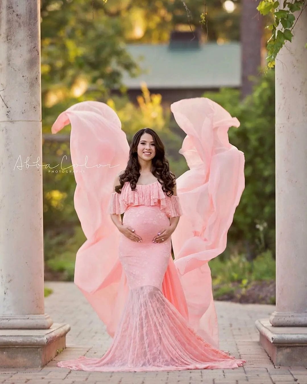 XL / Pink Lace Maternity Ruffle Long Maternity Dresses Photography Pregnant Floor Dress Wedding  Off-shoulder Plus Size White Purple Ball