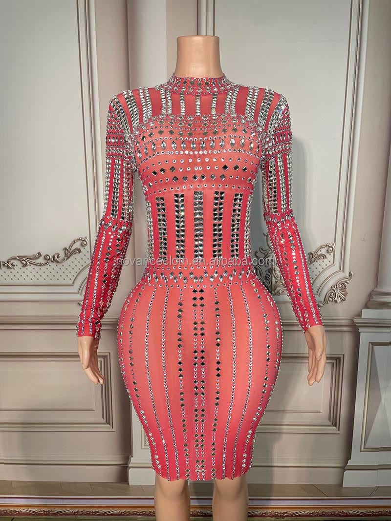 XL / Pink NOVANCE Y2660 new product shiny diamonds pink gowns for women evening dresses see through plus size womens skirts evening party