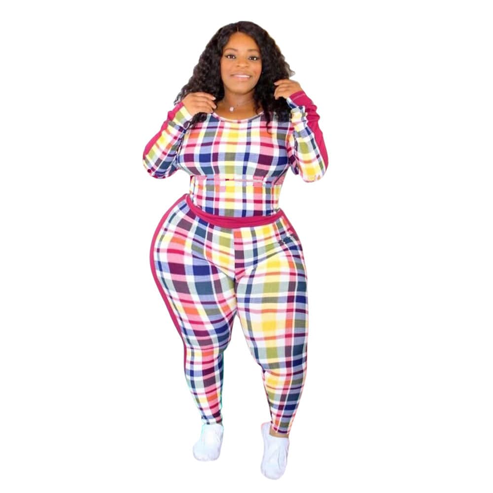 XL / Pink Wholesale New Autumn And Winter Long-Sleeved Round Neck Casual Tight-Fitting Plaid Printed Ladies Womens Plus Size Clothing Suit
