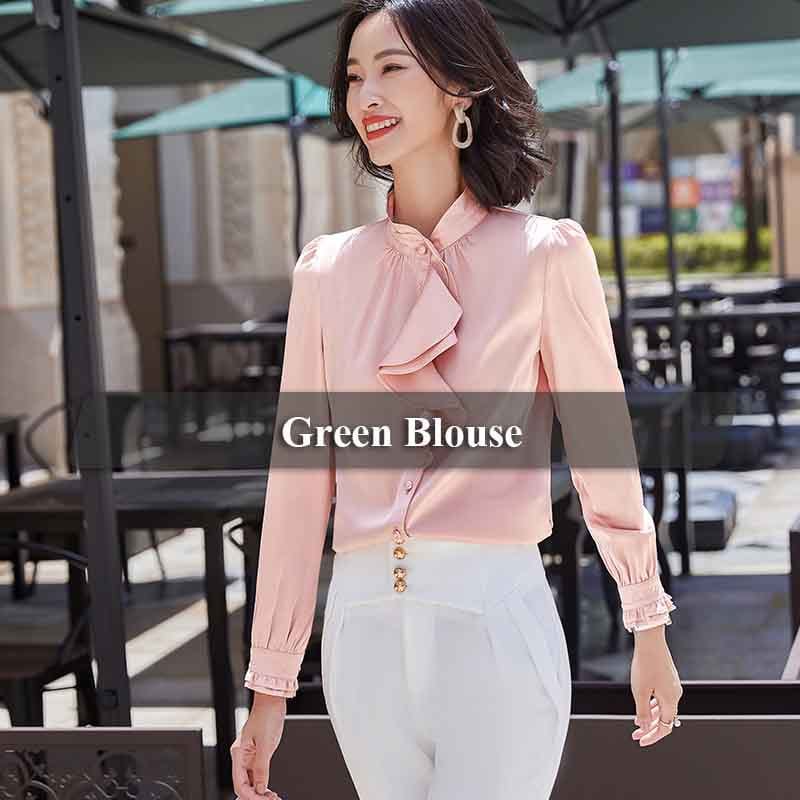 XL / Pink Wholesaler fashion Ruffles shirt women Stand Collar long sleeve blouse office ladies formal Loose plus size tops