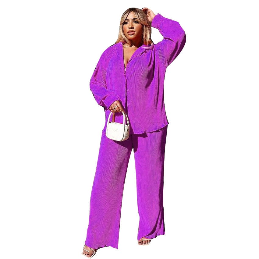 XL / Purple 2022 Hot selling Women Spring Casual set Sexy Pleated Loose long sleeves Casual Multicolor Suit