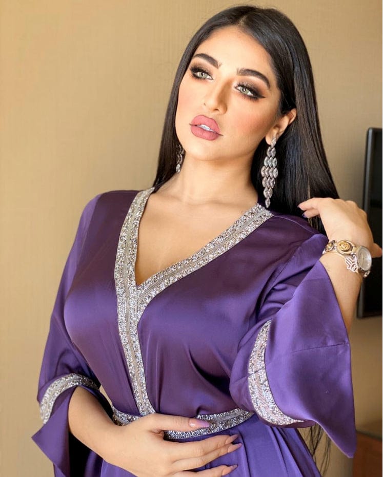 XL / Purple AB012 Tunic With Diamond Girdle Abaya Hijab Muslim Long Dress For Women