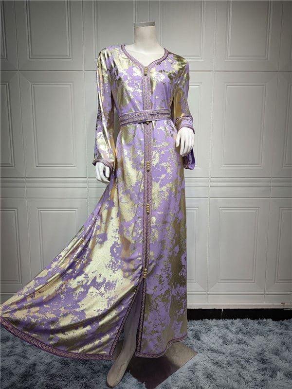 XL / Purple Abaya Hotstamping New Woman Gold Blocking Printed Ladies Long Sleeves Elegant Robes Women Luxury Abaya With Belt