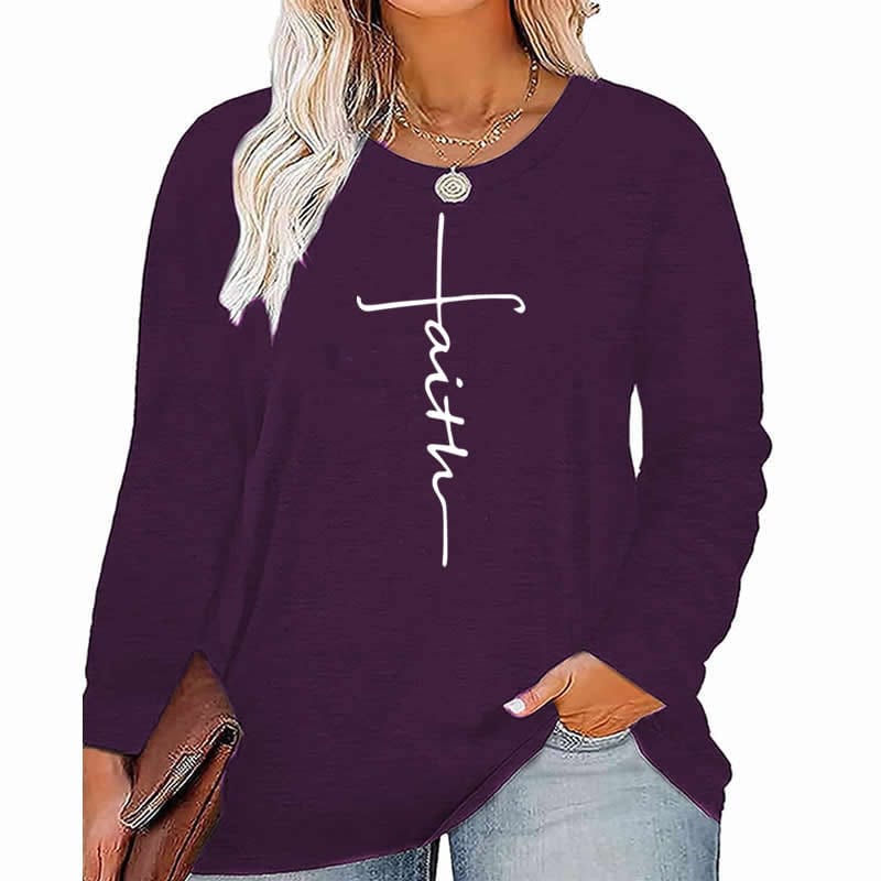 XL / Purple faith cross pattern Plus Size Women's Top Autumn X-Large-5X-Large woman clothes y2k t shirt oversized long sleeve tshirt