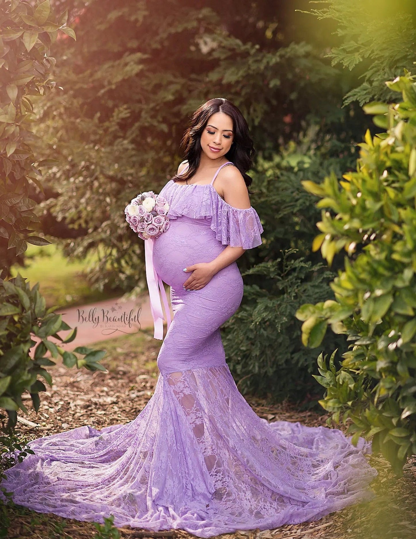 XL / Purple Lace Maternity Ruffle Long Maternity Dresses Photography Pregnant Floor Dress Wedding  Off-shoulder Plus Size White Purple Ball
