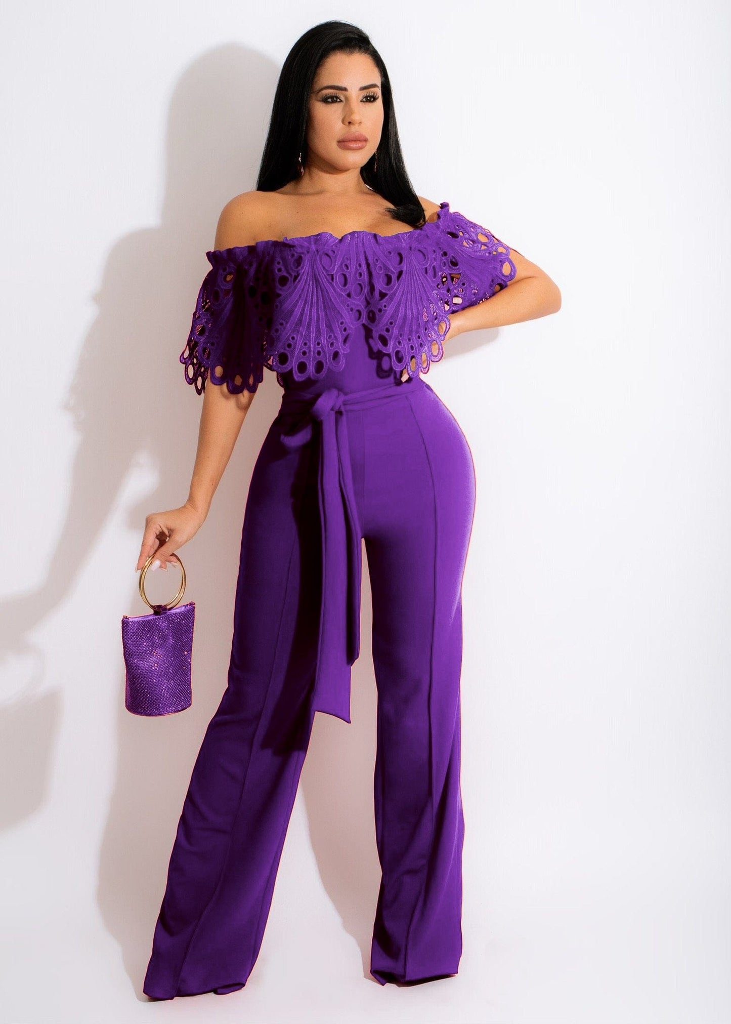 XL / Purple Trendy Women Clothes Women Slim Ruffle Off Shoulder Short Sleeve Solid Long Pants Jumpsuit with Belt Beauty Forever