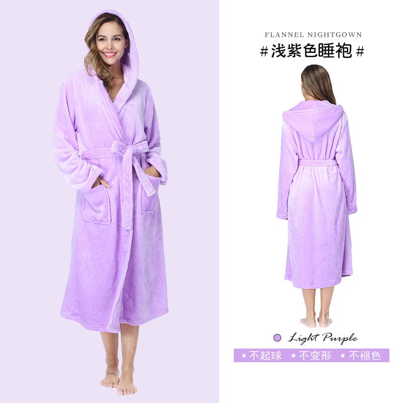 XL / Purple unisex winter warm soft terry cloth flannel bathrobes women's warm plus size 1 piece long sleeve robe pajama gown for women